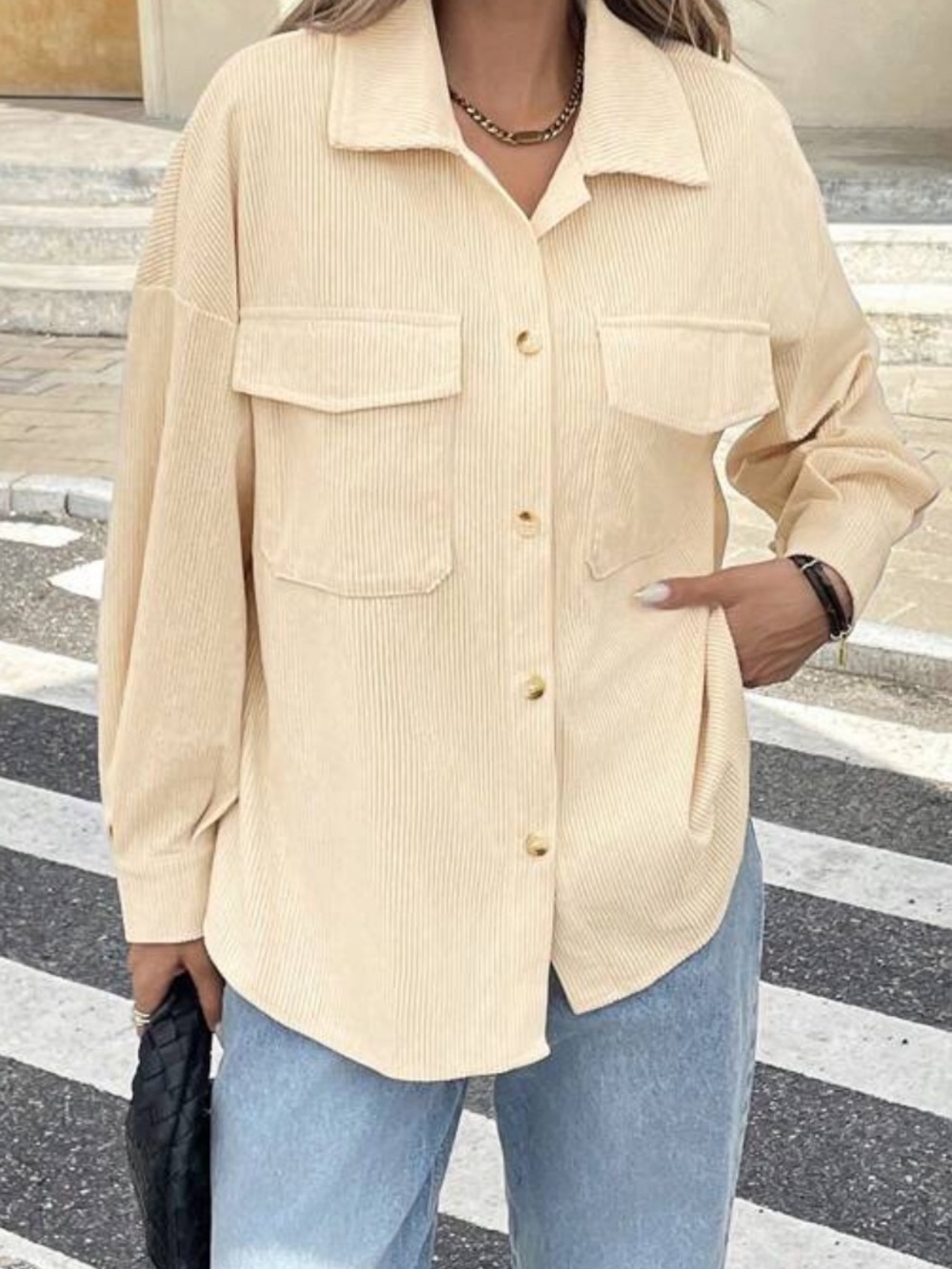 SHEIN Beige Corduroy Button-Down Shirt Jacket